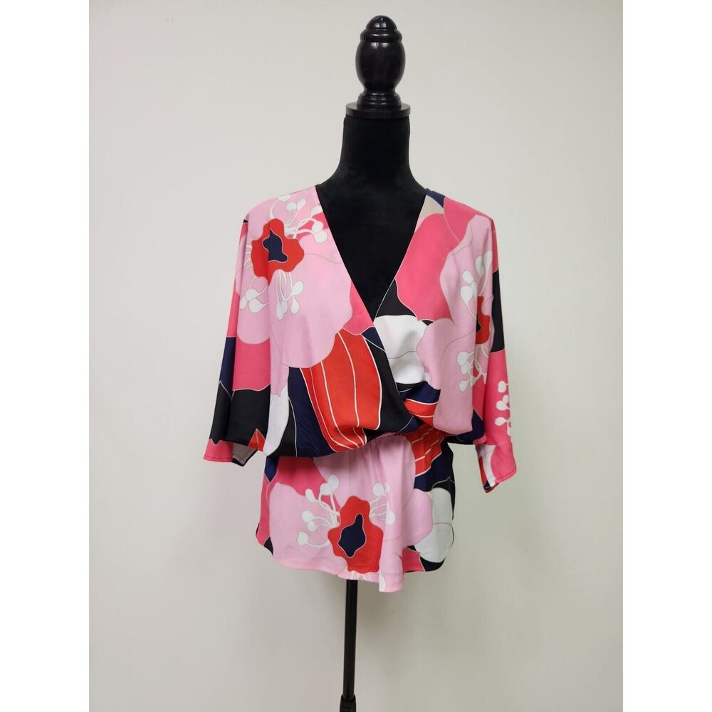 Trina Turk Women's Small Asian Floral Print Kimono Blouse Elastic Waist FLAWS!!